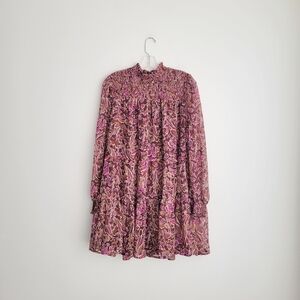 AVARA Purple Floral Smocked High Neck Baby Doll Long Sleeve Tiered Dress